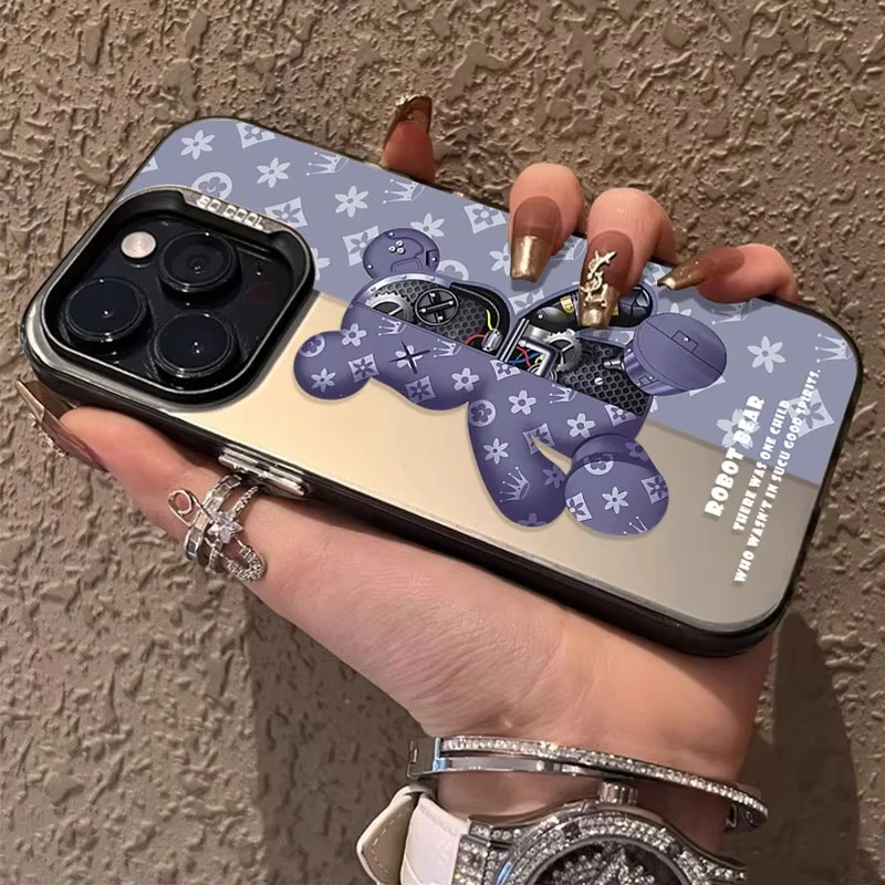 Luxo retro robô urso padrão caso de telefone para iphone 17 pro 16 15 14 13 12 11 pro max 16 plus 16e 17 ar à prova de choque capa traseira