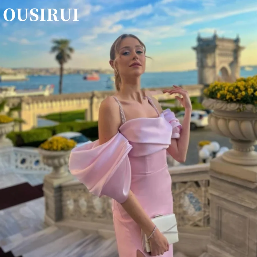 OUSIRUI Off The Shoulder Ankle Length Prom Dresses Side Slit Formal Prom Gowns 2024 Blush Pink Mermaid Evening Dresses Sleeves