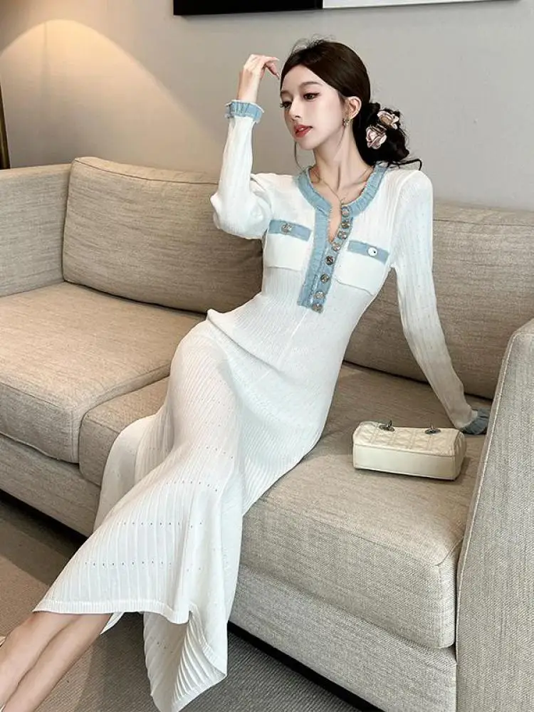 Robe coréenne en Patchwork noir et blanc pour femmes, col rond, élégante, Slim, manches longues, simple boutonnage, tricotée, tendance, automne hiver