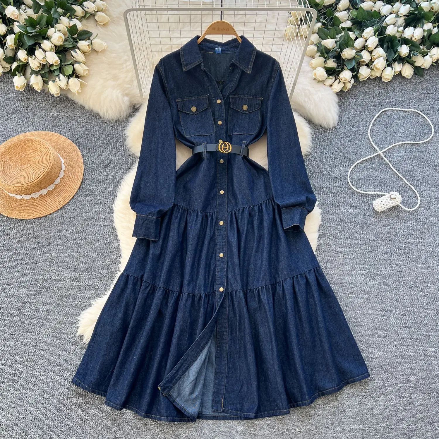 AW Denim Long Dress for Women Solid Color Boho A-line Casual Summer Vestidos Lapel Long Sleeve Single Breasted Dresses Lady