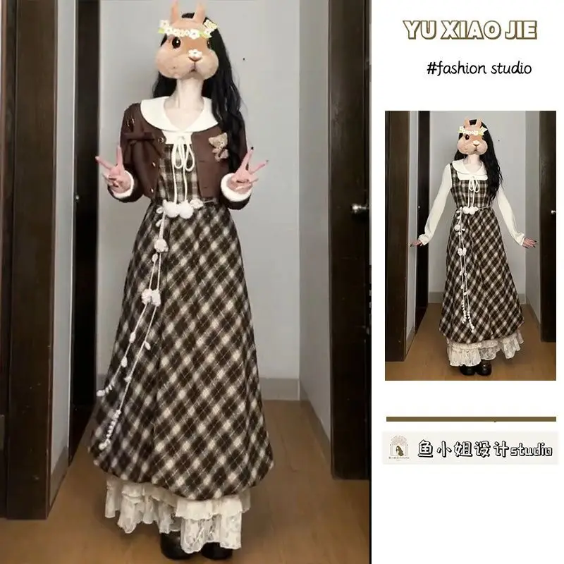 2025 New Korean Sweet Fashion Temperament Vintage Plaid Fake Two-piece Floral Bud Dresses + Preppy Women Little Bear Short Coats