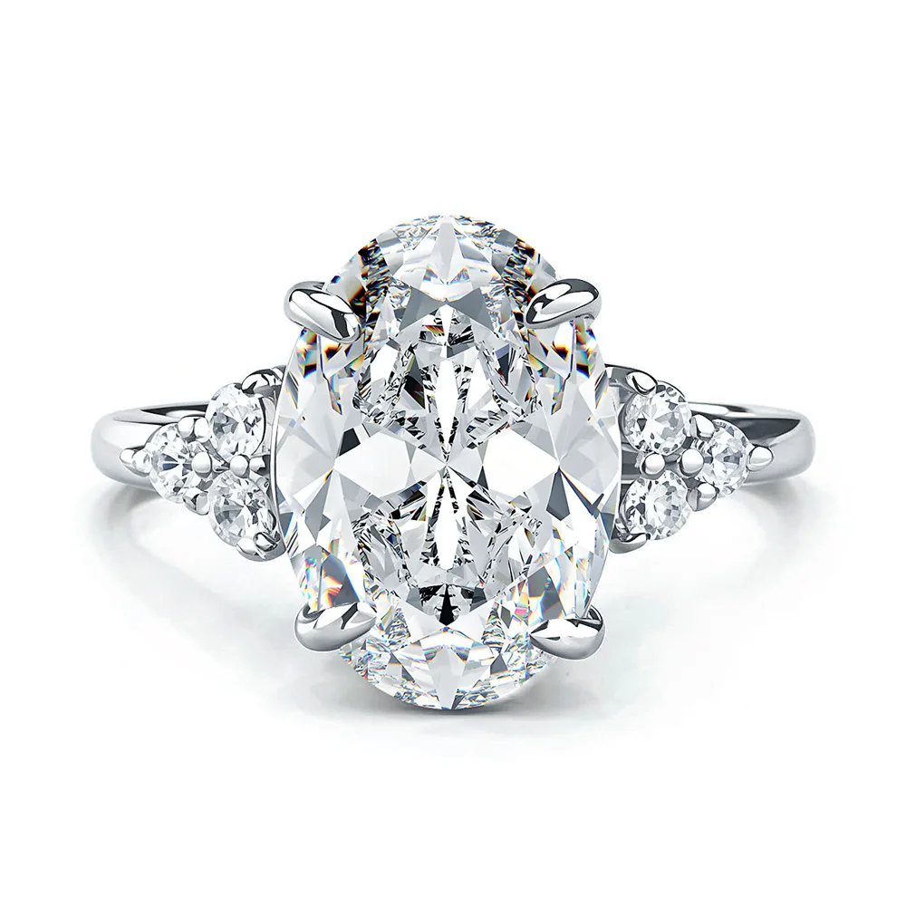 

S925 Rhodium Plated Silver 4.5CT D Color Oval Moissanite 8x12mm Full Pave Engagement Ring for Women, Exquisite Jewelry