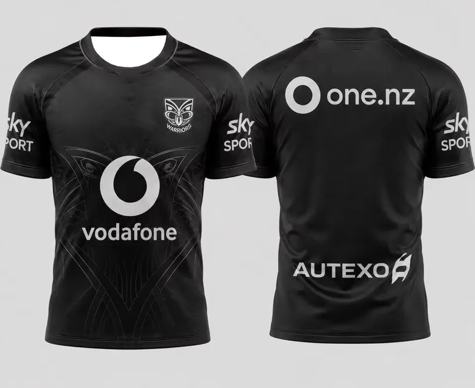 2026 Warriors Maori Tribal Metallic Print Rugby Jersey Oversized Solid Black Full Koru Pattern Number 1 Mesh Tee Family Matching
