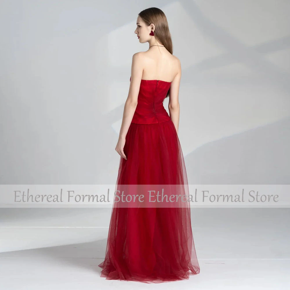 فستان سهرة من التول الأحمر لحفلات الزفاف بدون حمالات فستان سهرة نسائي على شكل حرف A فساتين رسمية