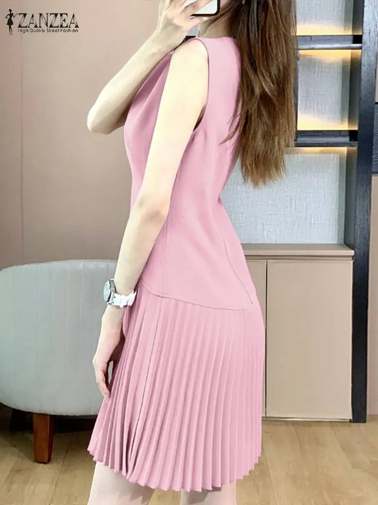 ZANZEA Summer Women Sleeveless Solid Knee-length Sundress Fashion Casual A-line Party Work Vestido Sarafan Elegant Pleated Dress