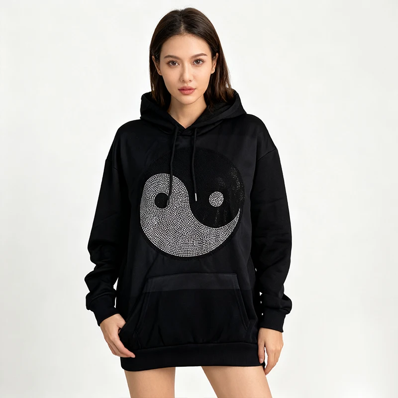 الترفيه القوطية الهيب هوب حجر الراين الأسود الرياضة هوديي شارع جديد أزياء مقنعين سترة عارضة لامعة حجر الراين المطبوعة سترة