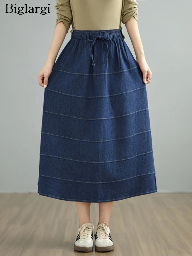 

Oversized Denim Autumn Striped A-Line Skirt Women Loose Modis Retro Ladies Long Skirts Ruffle Pleated Woman Elastic Waist Skirts