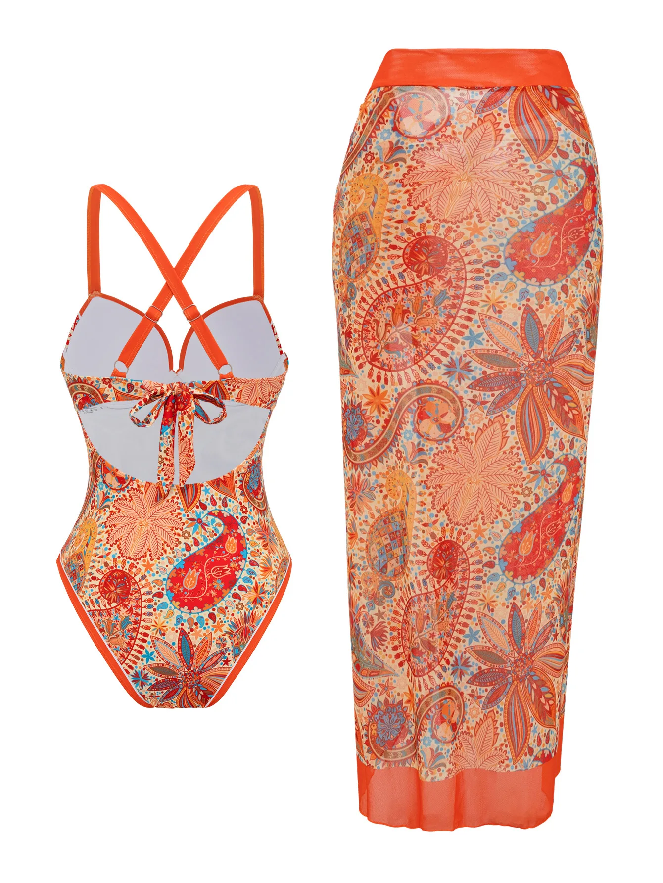 sexy orange floral print swimsuits bodysuits two pieces with long cover skirt bathing suit swimwear biquini tankini trikini