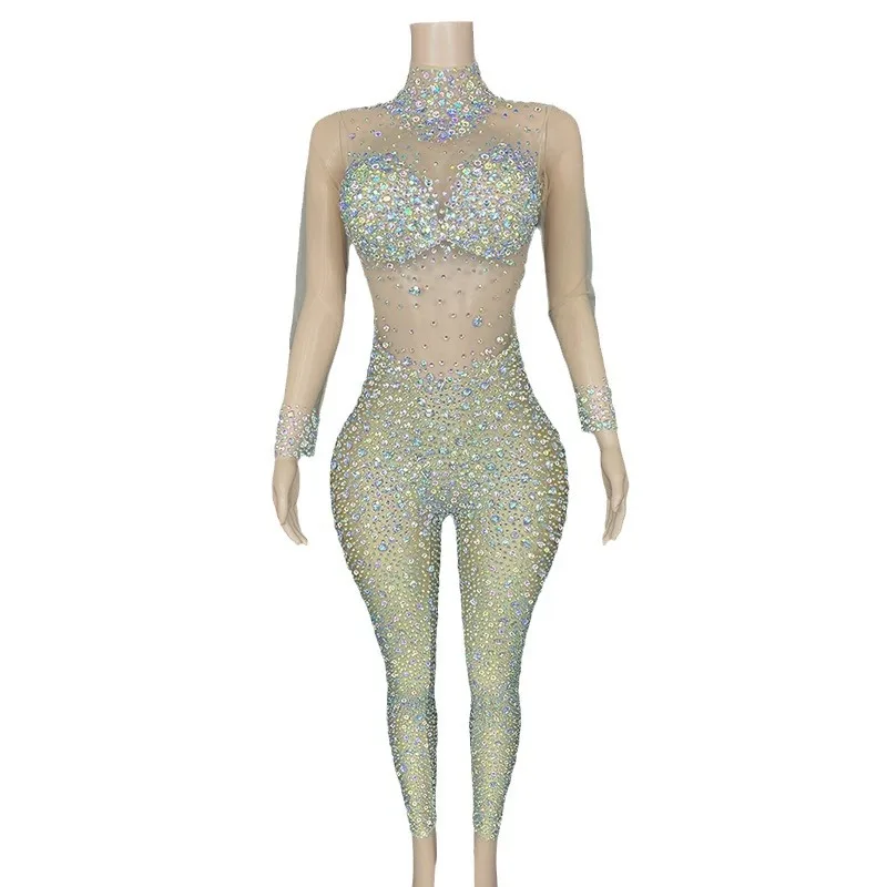 Luxury Rhinestones Mesh Transparent Jumpsuit Lady Evening Prom Party Diamond Birthday Celebrate Outfit Stage Wear