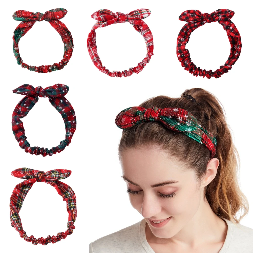 Christmas Hairband Women Hair Ties Bands Rabbit Bunny Ear Bow Knot Headband For Girls Plaid Elastic Hairband Hair Accessories