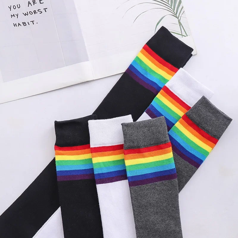 Womens Thigh High Stockings Rainbow Striped Ladies Girls Black White Long Winter Over Knee Socks blue Y2k Japanese Style