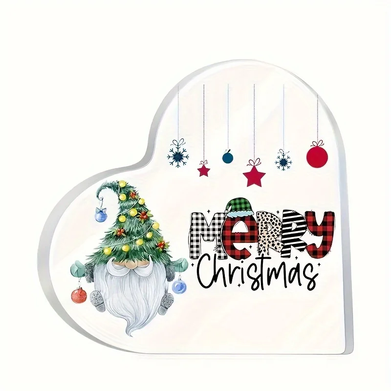 2D Flat - [2D Flat] Acrylic Heart-Shaped Christmas Ornament, Flat And 2D, Featuring a Gnome, Snowflakes, And The Phrase 'Merry Christmas.' Ideal for Decorating Your Living Room, Blessing Table, Or As a Gift for Friends
