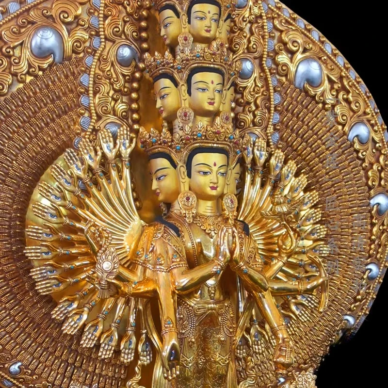 Nepal Handmade Pure Copper Golden Thousand Hands Avalokiteshvara Statue Tibetan Buddhism Decor