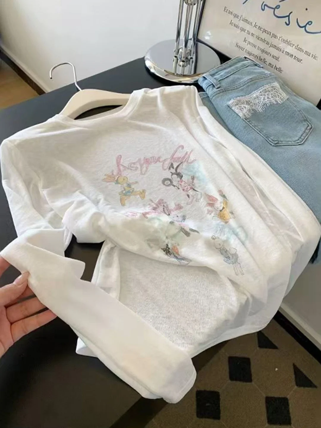 

Korean Sle Loose Fit Long Sve UV Protection Printed T-irt Women's Summer New Thin Transparent over irt Casual Top