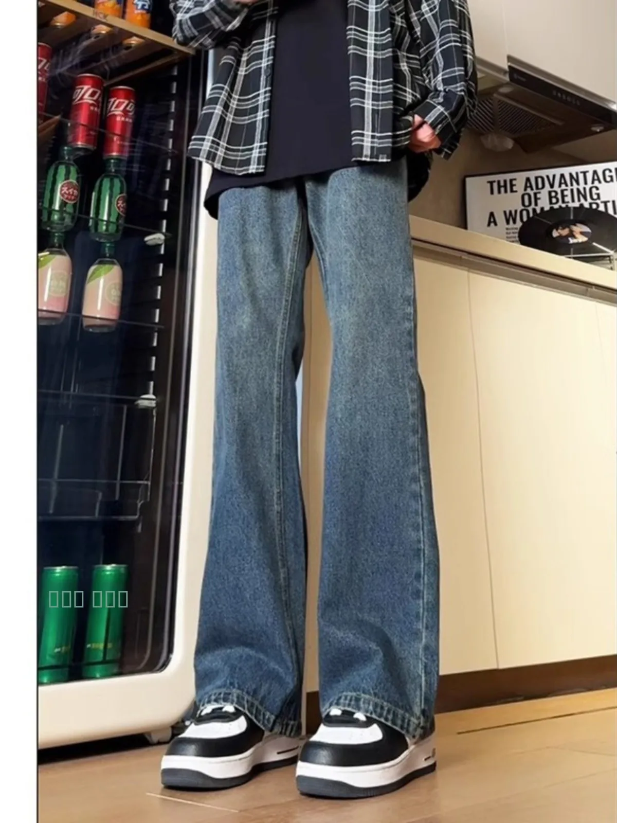 

American Style Vintage Deep Blue Bell Bottom Men's Jeans High Street CleanFit Straight Leg Slimming Knife Pants
