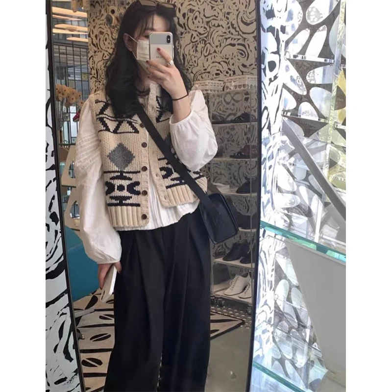 

MICOAT Geometric ort Woolen Open Cardigan Women's Faionable Vintage Sle Sweater Vest for Spring Autumn