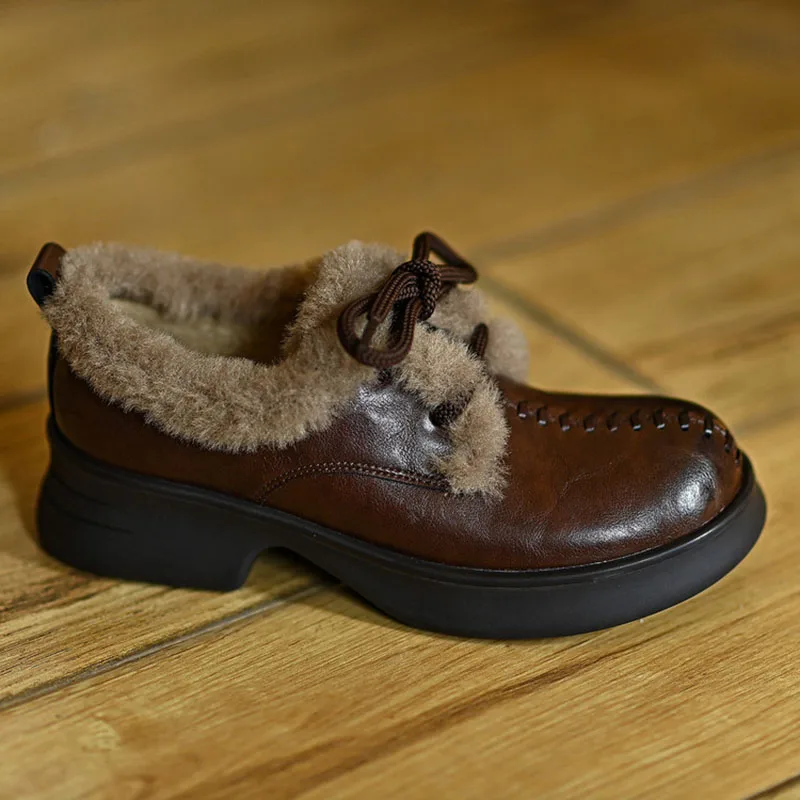 

Women's Winter Fur Loafers Platform Low Heeled Female Leather Shoes Round Toe Warm FootwearPhoenitn FT4305