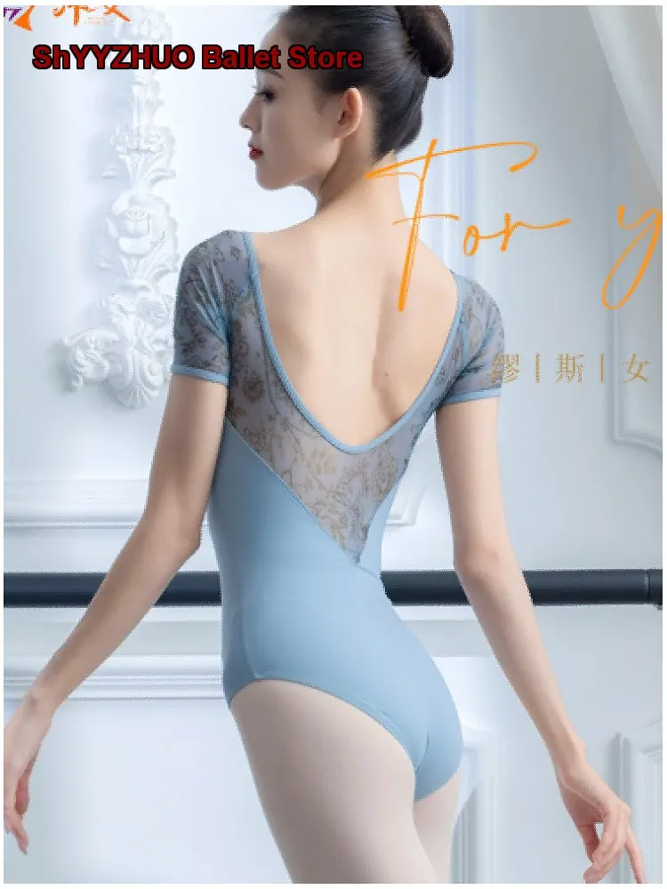 women's-dance-dress-art-exam-seven-quarter-sleeve-printed-colorblock-dance-leotard-gymnastics-body-suit-short-sleeves