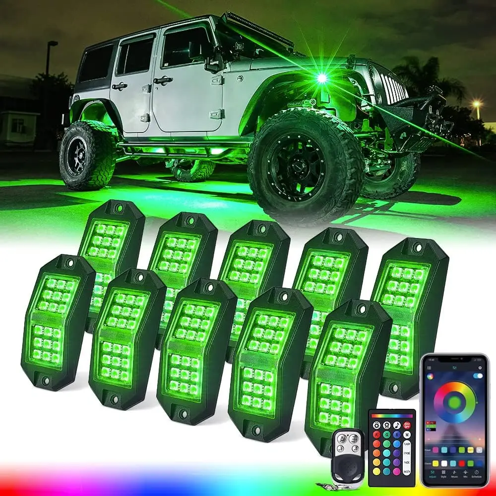 

10-Pod RGB LED Rock Lights Kit with Bluetooth, Wireless Remote for Off-Road Trucks Cars UTV ATV SUV RZR