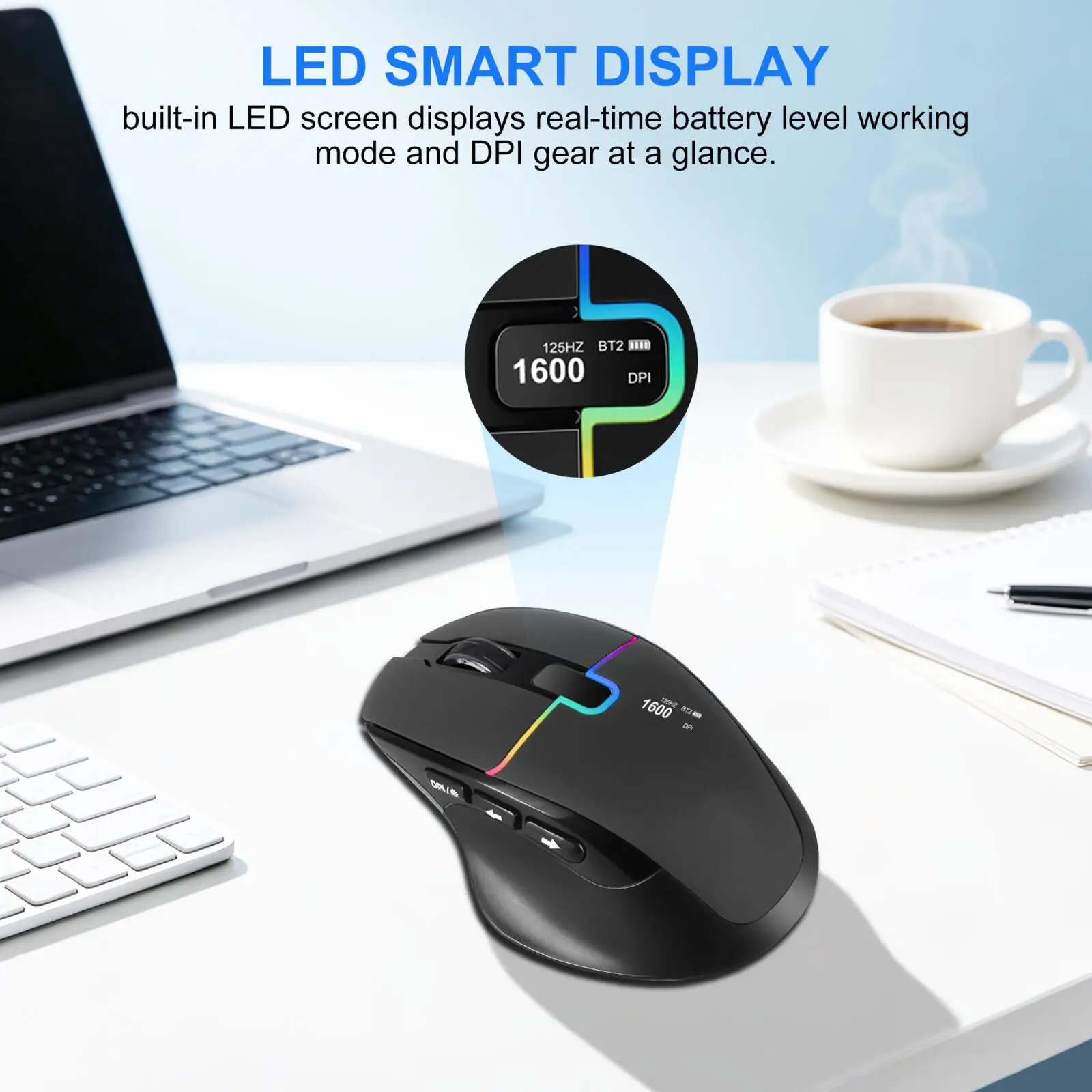 2.4G+Bluetooth Wireless Mouse LED Display RGB Backlit Rechargeable Ergonomic Mice DPI Adjustable For Laptop PC Tablet Office