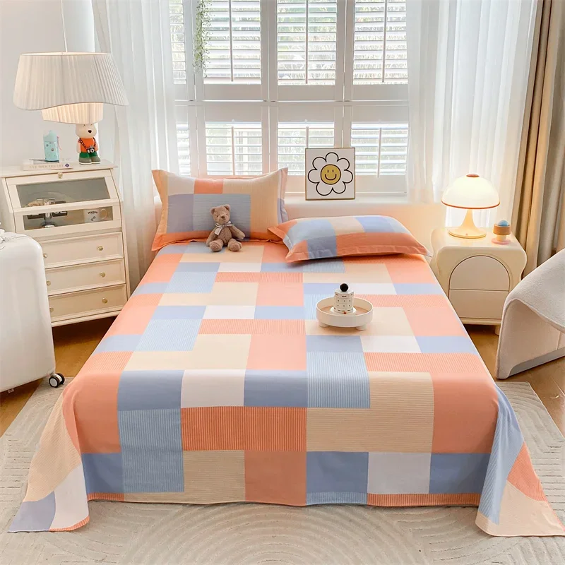 Geometric Cotton Flat Sheet Blue Orange Abstract Square Bed Sheets Colorful Print Bedding Sets for Kids Boys Bedroom Decor