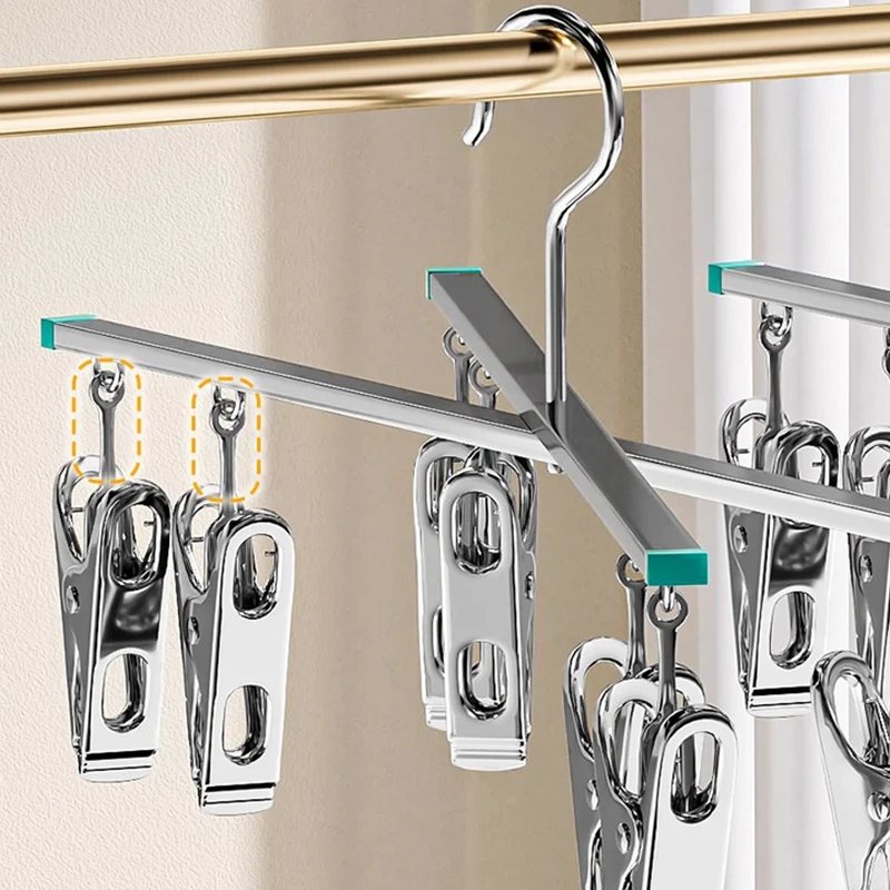 Multi-Clip Folding Clothes Drying Rack 4/8 Clips Stainless Steel Underwear Socks Clip with Swivel Hook Space Saving Drying Racks
