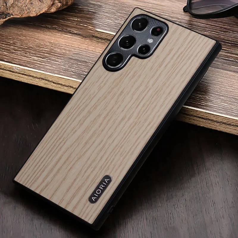 PU Real Wood Case for Samsung Galaxy S23 S22 Ultra S22 Plus S23 5G Cases Hard Matte Camera Protector Anti-fall Back Cover Fundas