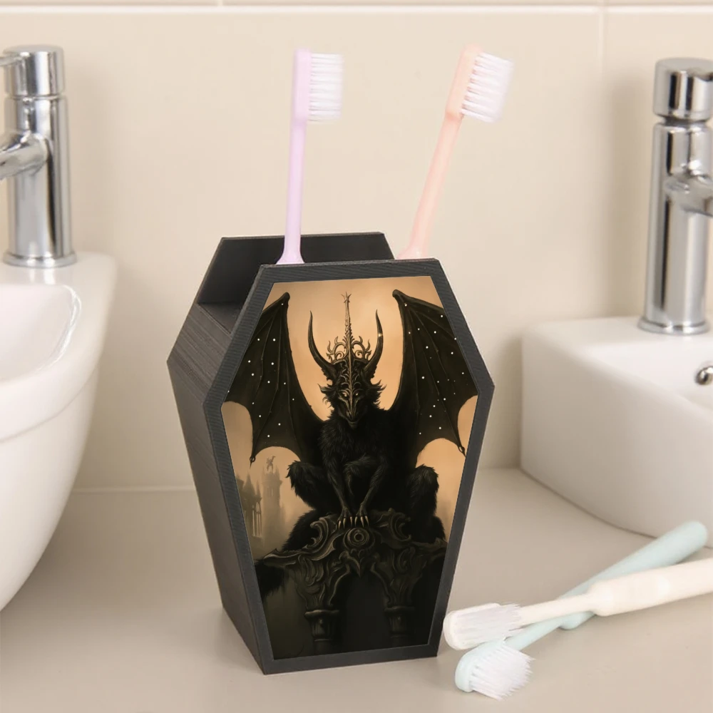 Cross-border Gothic Coffin Shaped Toothbrush Holder With Winged Dark Demon Print, Multi-grid Bathroom Vanity Toothpaste Toothbru
