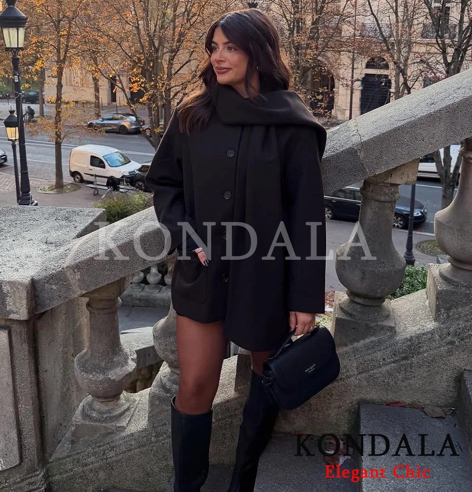 KONDALA الخريف المخلوطة وشاح طوق معطف المرأة أزرار أنيقة معطف غير رسمي 2025 الخريف الشتاء موضة بسيطة الكلاسيكية معطف السيدات #1