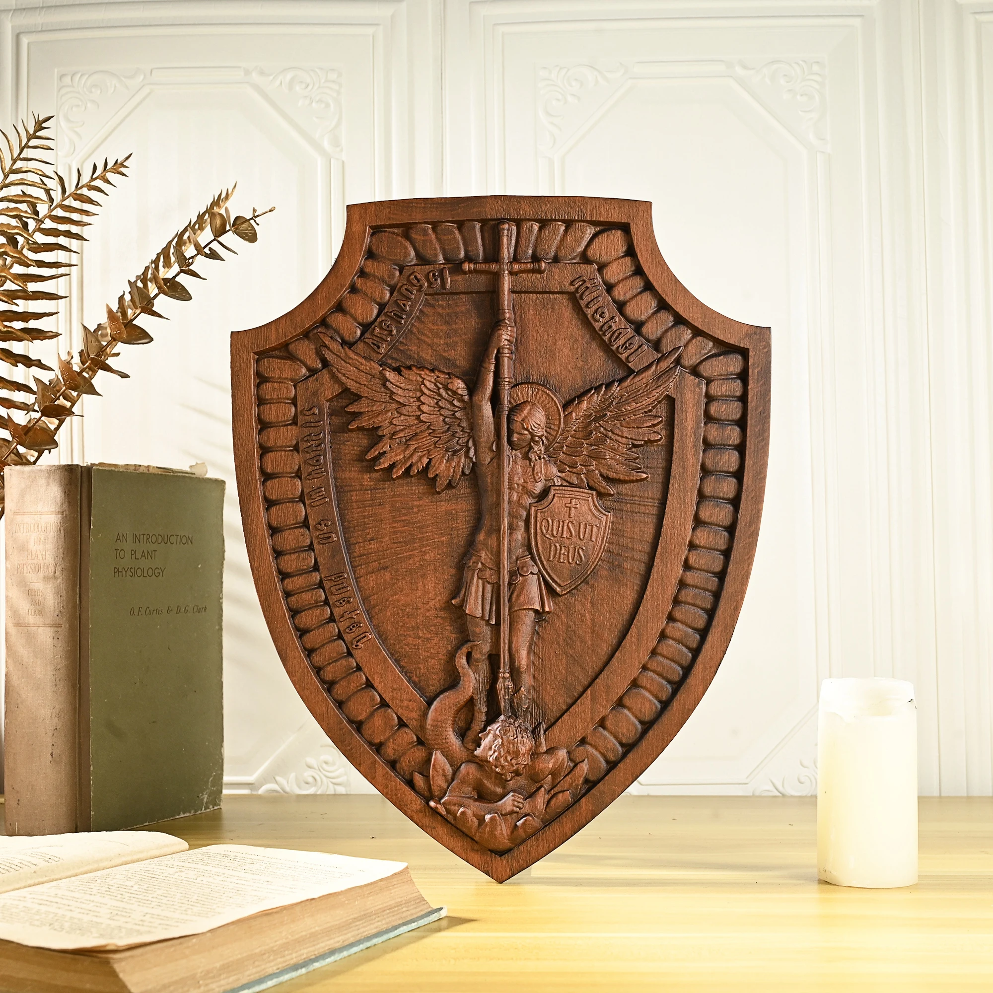 Shield of Saint Michael's family, wall hanging, religious statue, wood carving, home decoration