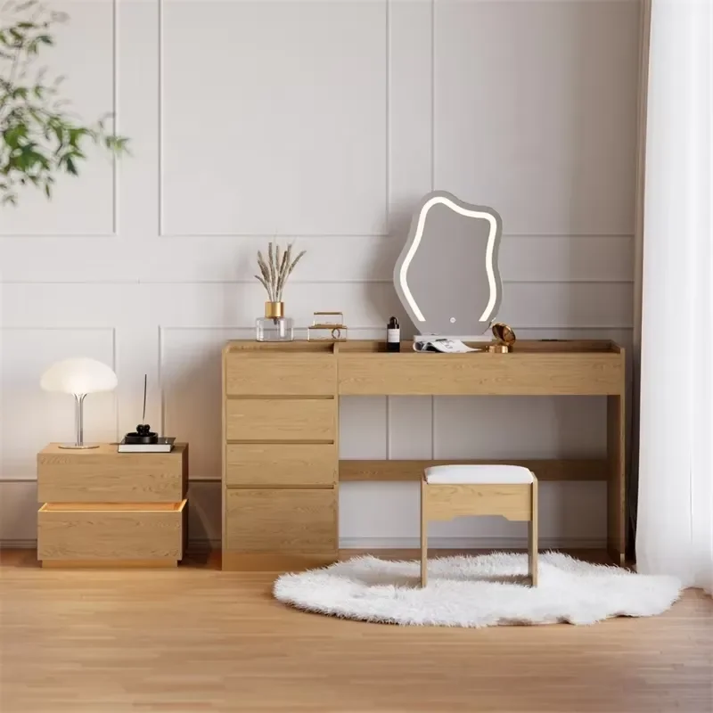 Wooden Dressing Table Set Durable Melamine Finish Modern Lighted Mirror Glass Top Makeup Vanity Custom Drawer Cabinets