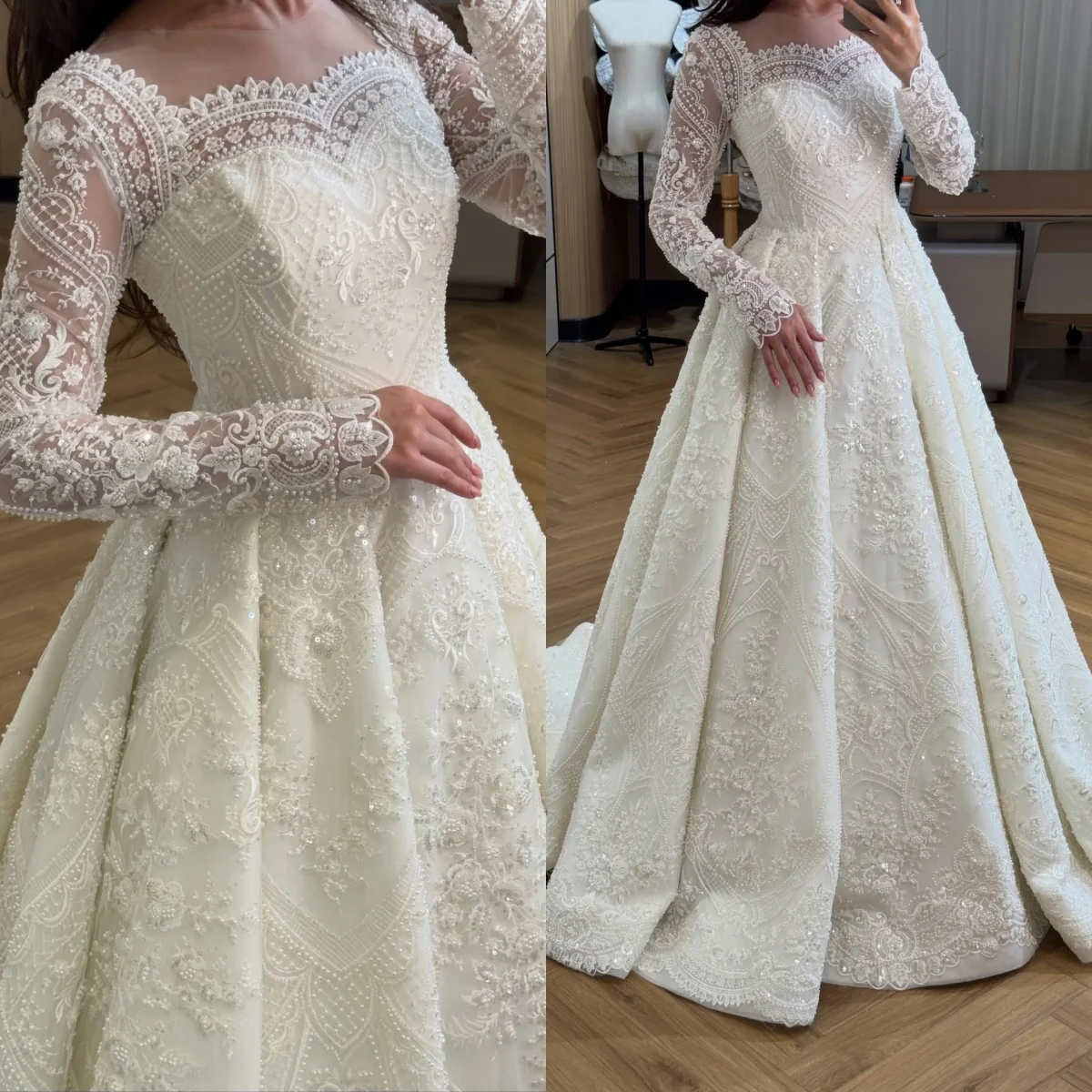 

Graceful Wedding Dresses Appliques Sequins A Line Bridal Gowns Pearls Beading Princess Sweep Train Customized Vestidos De Novia