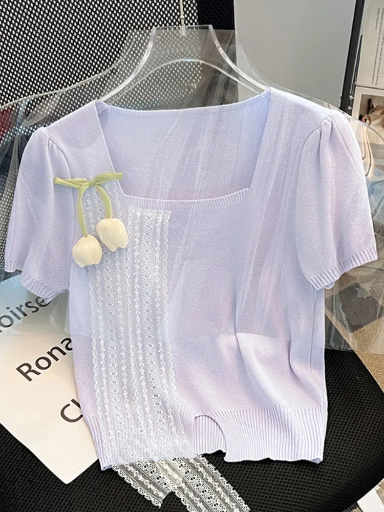 

Летняя облегающая трикотажная футболка ort Sve, женский уникальный креативный топ с квадратным воротником, корейский Sle Commute Faion