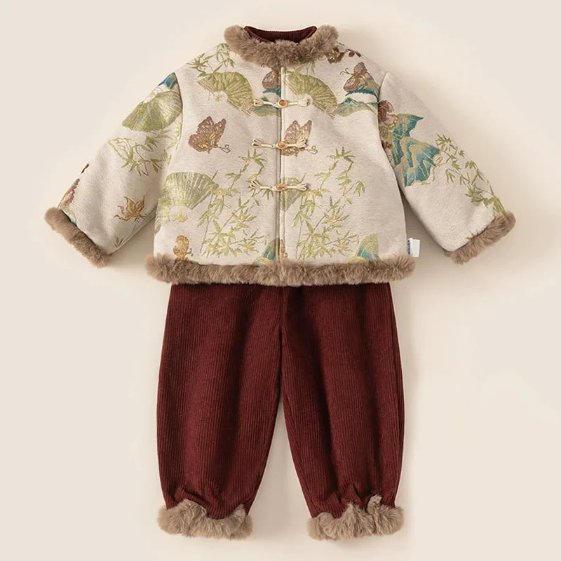 

2 Piece Set 2026 Winter Toddler Boy Outfits Chinese Style Fleece Embroidery Warm Thick Baby Tops+Pants Luxury Kids Clothing B227