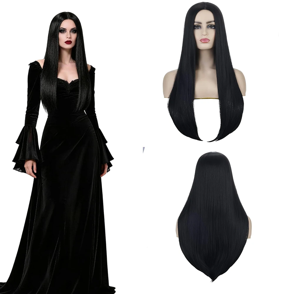 

Synthetic wigs Long Black Wig for Morticia Addams Costume Cher Costume Halloween Wig for 70s Party Witch Costume Wig for Women