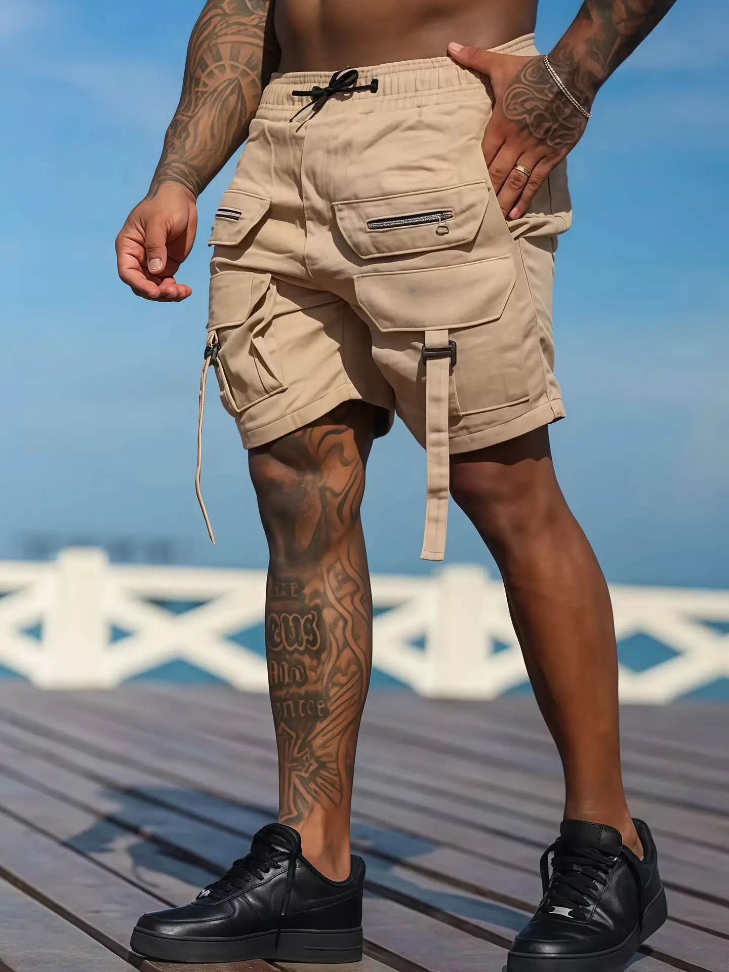 2026 Neue Herren Multi-Taschen Street Punk Hip Hop Cargo Shorts Taktische Techwear Knielange Weite Kurze Hosen – Detail 10