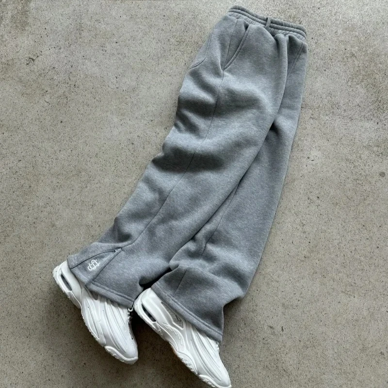 Y2k-pantalones rectos holgados retro para hombre, pantalones de chándal personalizados, diseño bordado con cremallera en la pierna, pantalones informales harajuku de hip hop