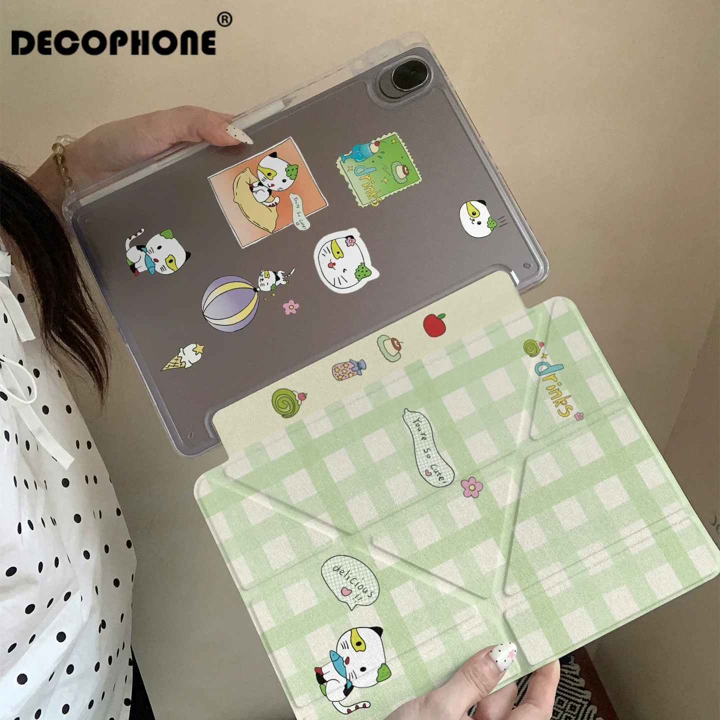 Green-Checkered Cat 3+Y-fold For Samsung Galaxy Tab/Redmi/Lenovo/ iPad 10th/HONOR MagicPad/OPPO/ONE PLUS/HUAWEIMATEOAD