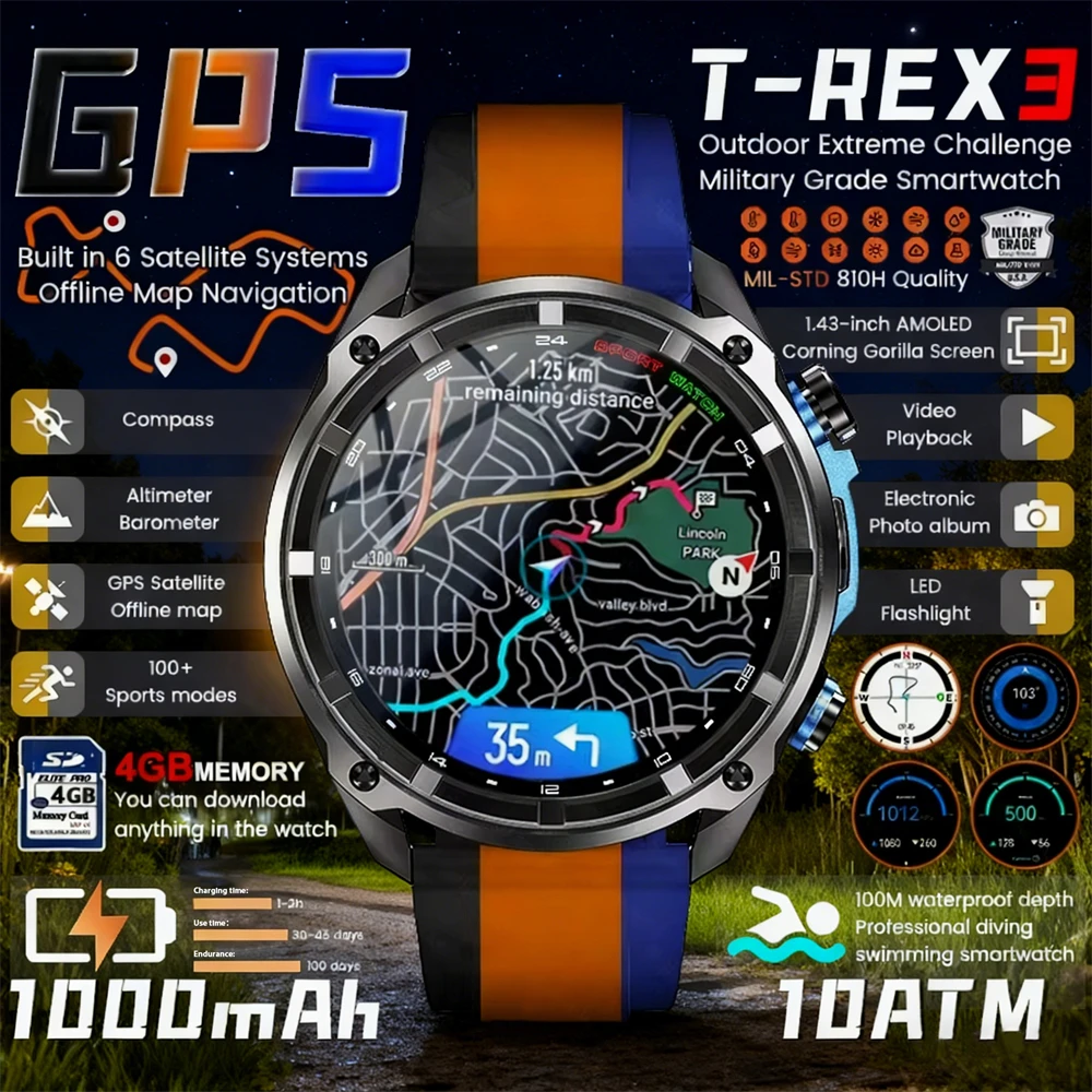 

2026New Men Military GPS Map Smart Watch T-Rex3 Compass 4GB Memory 1000mAh Battery 10ATM Waterproof HD Bluetooth Call Smartwatc