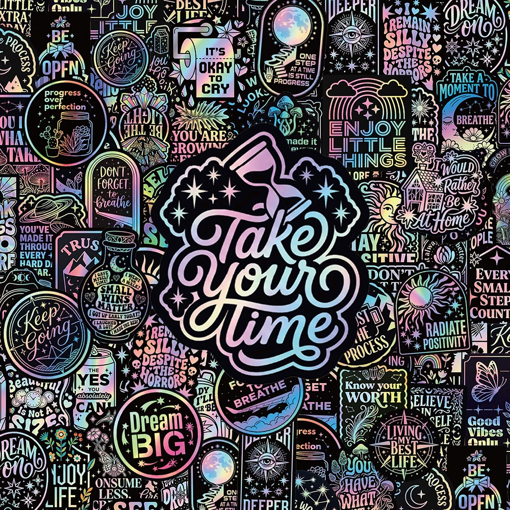 10/30/50/100pcs Aesthetic Laser Motivational Graffiti Stickers Colorful Cute Inspirational Phrases Sticker DIY Helmet Guitar Car