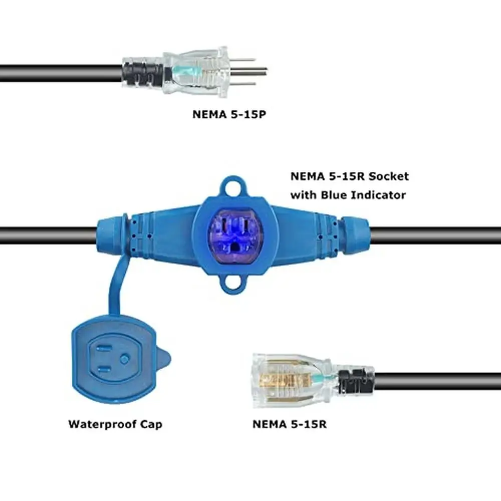 50 Ft Multi Outlet Extension Cord 12 Gauge 7 Nema 5-15R Outlets Heavy Duty Pure Copper Core Indoor/Outdoor Use Power Indicators