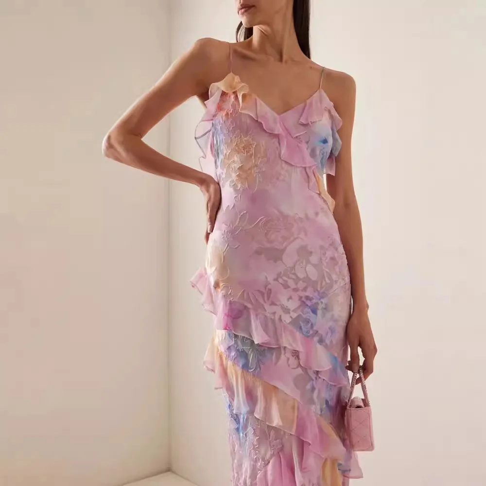 

Sexy Printed Ruffle Edge Colorful Suspender Dress V-neck Sleeveless Beach Vacation