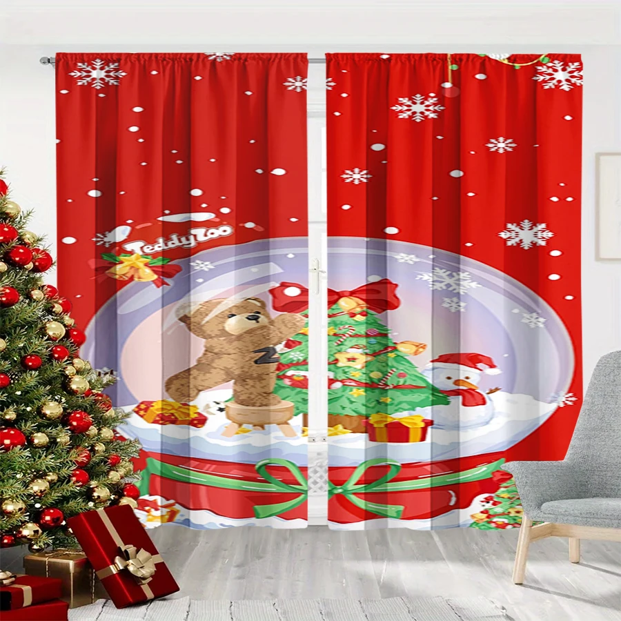 2PCS Christmas Winter Curtains, Teddy Bear Snow Globe Tree Red Snowflake, Digital Print, Bedroom Living Room, Home Decor