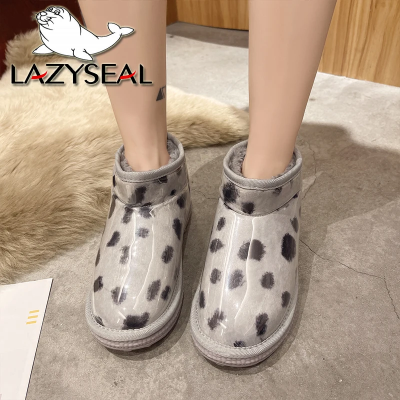 LazySeal Print Design Waterproof Women Snow Boots Casual Warm Plush Lining Shoes 3cm Flat Heels Women Winter Ankle Snow Booties