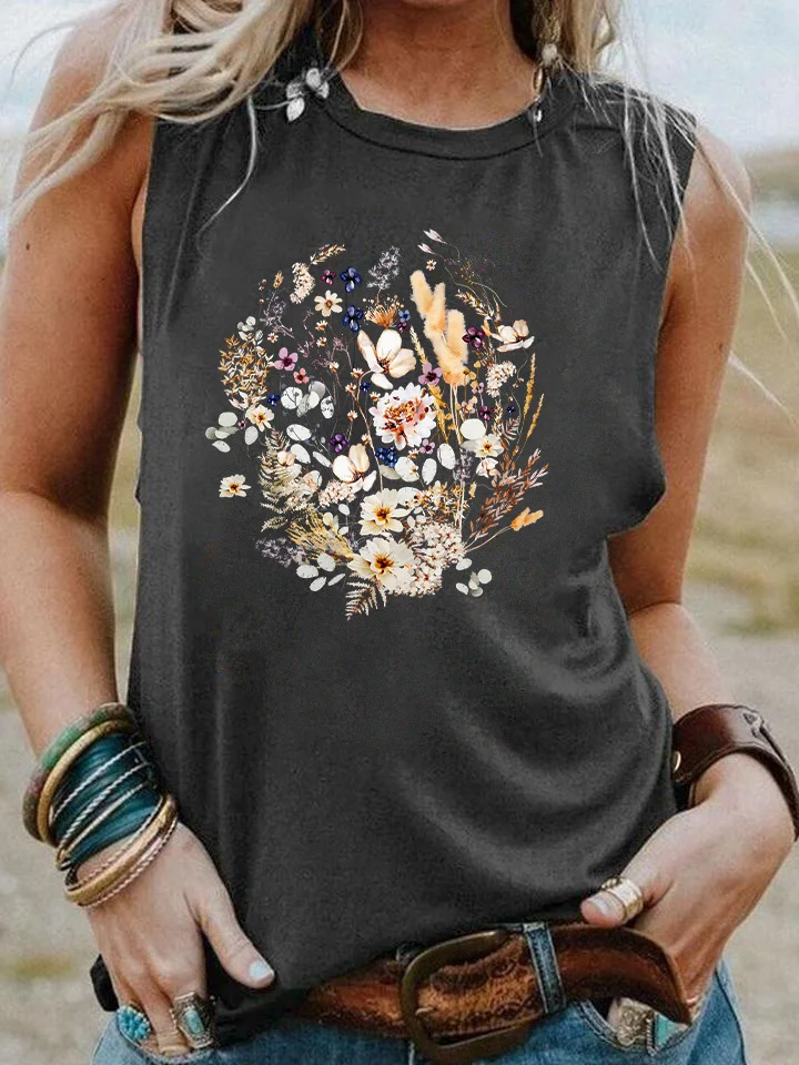 Women's Floral Vest Casual Summer Cap Sleeve Sleeveless Wildflower Floral Pattern T-Shirt Top