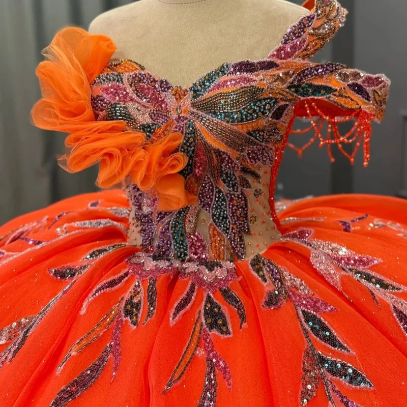 Orange Quinceanera Dress off-shoulder Glitter Flower Decal Long tail Lace Ruffles vestidos de 15 Quinceanera ﻿Customize