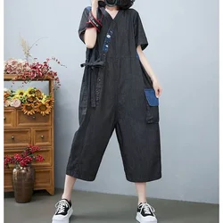 Tuta a gamba larga in Denim donna nuova tuta Vintage di grandi dimensioni Oversize con tasca applicata tendenza allentata tuta intera donna Patchwork