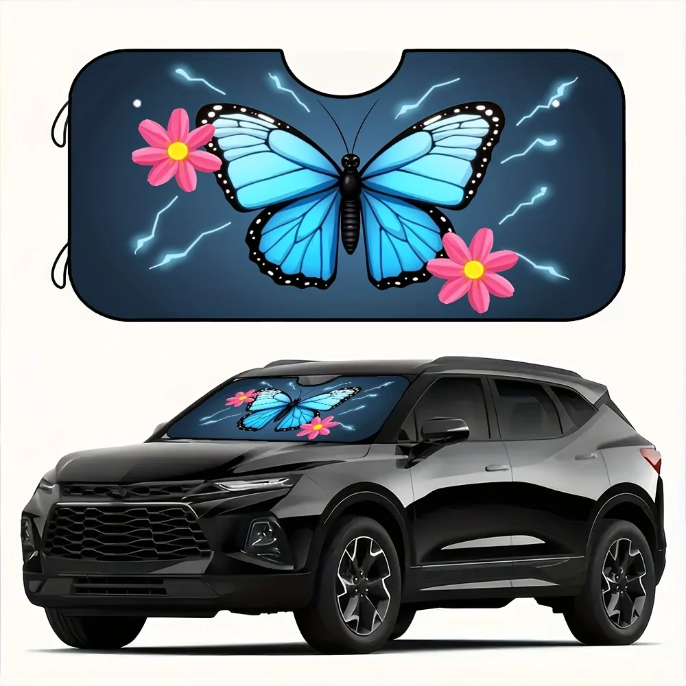 1pc Foldable Blue Butterfly Sun Shade With Floral Lightning Bolt Design - Heat Reduction Polyester Visor For SUVs, Easy Storage,