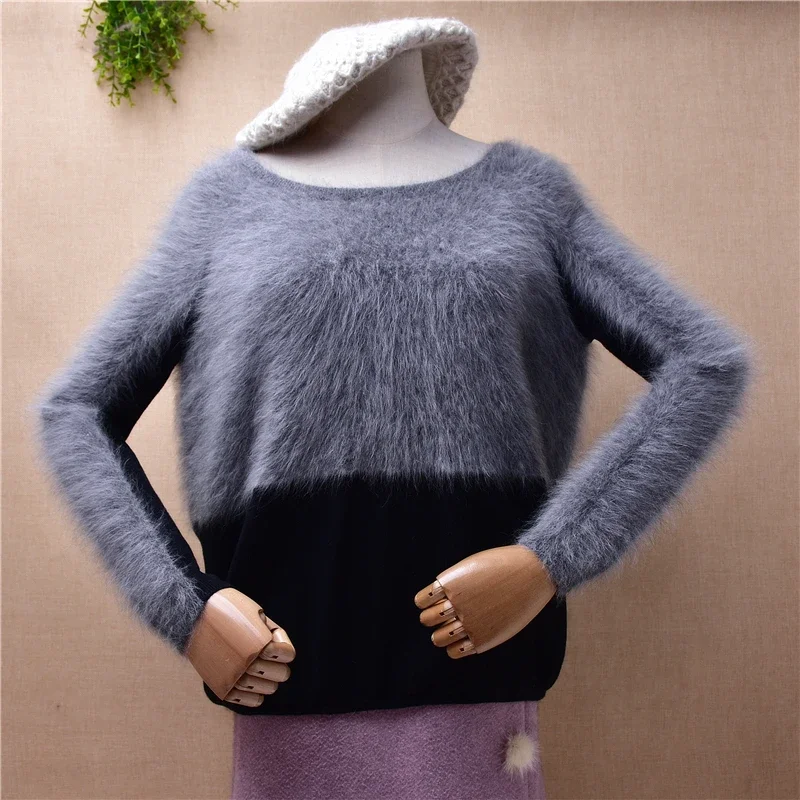 

female women fashion grey fall winter hairy mink cashmere knitted o-neck loose pullover angora fur jumper Patchwork sweater pull