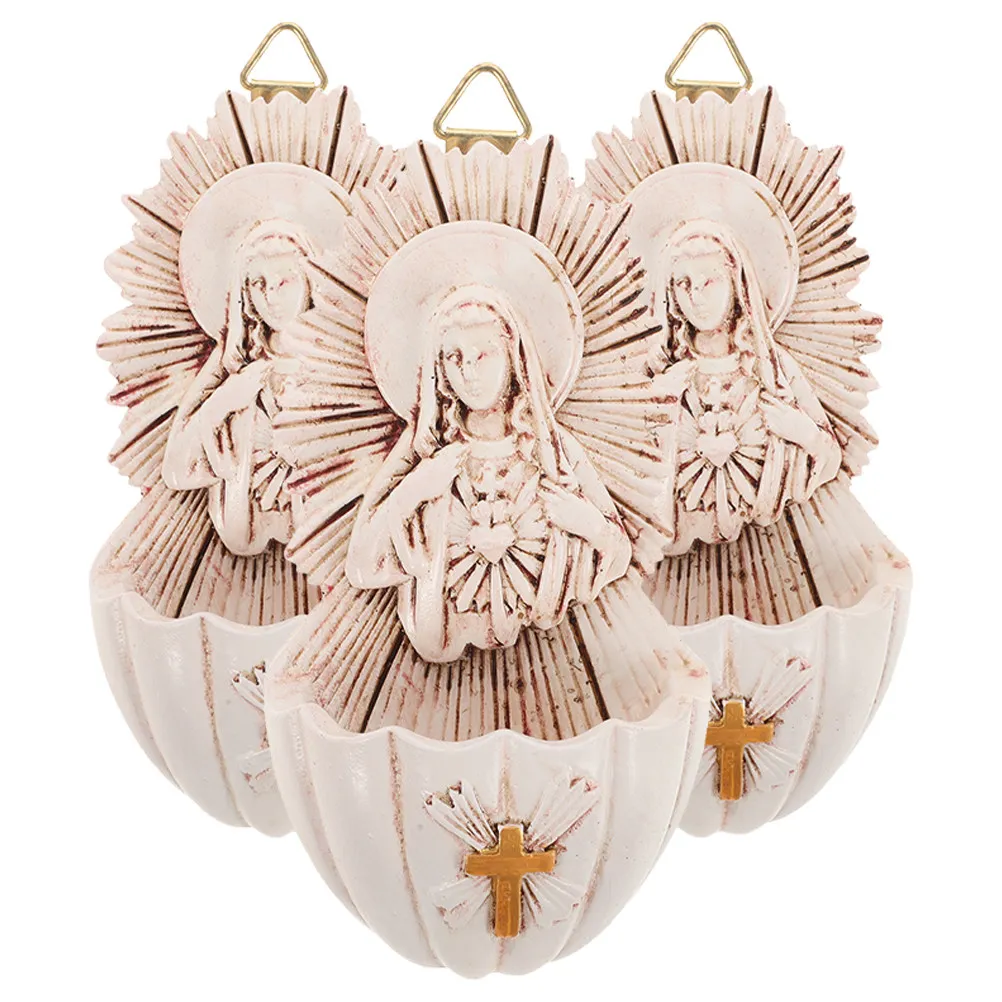 Juego de 3 Fuentes de Agua Bendita de Resina para Colgar en la Pared, Decoración Religiosa con Sagrado Corazón de María, para Entrada de Casa o Capilla